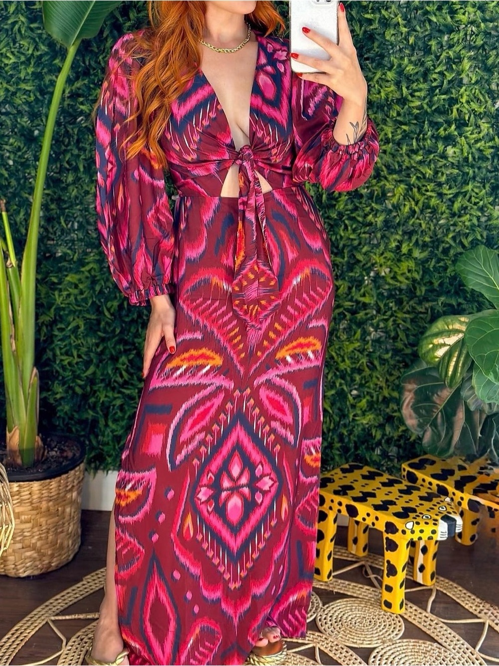 FARM Rio Pink and Red Tie-Front Maxi Dress Size S